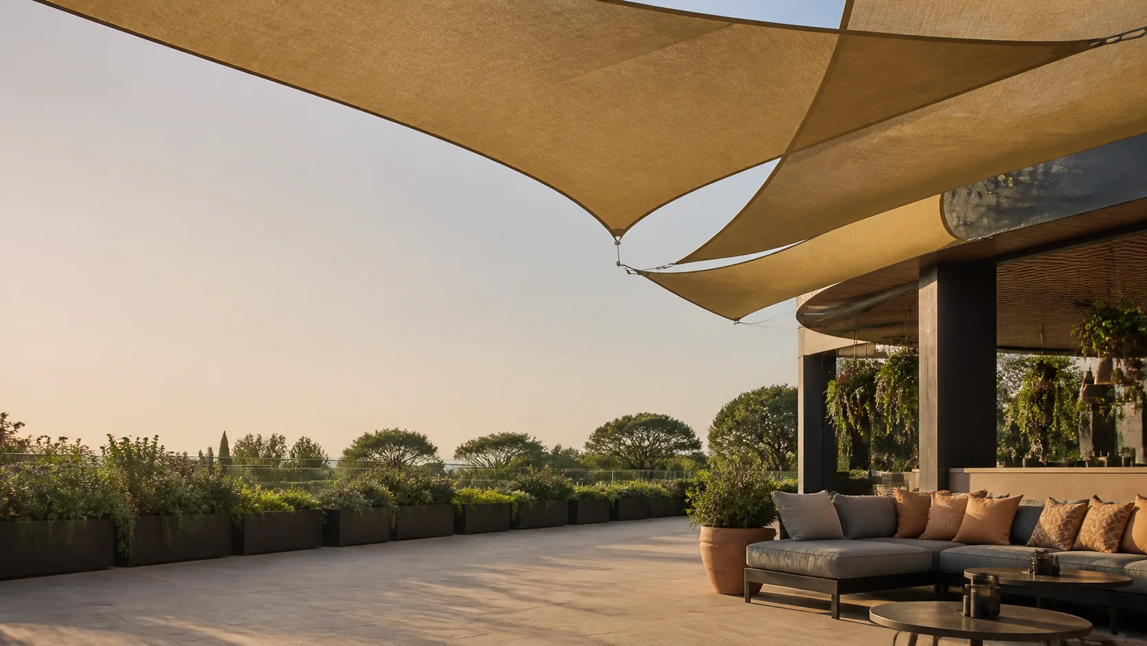 heavy duty shade sail installed over an outdoor seating area